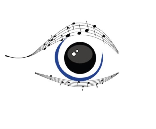 Logo Double Point : un œil dont les contours sont dessinés par des portées et des notes de musique.
